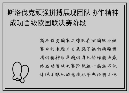 斯洛伐克顽强拼搏展现团队协作精神 成功晋级欧国联决赛阶段