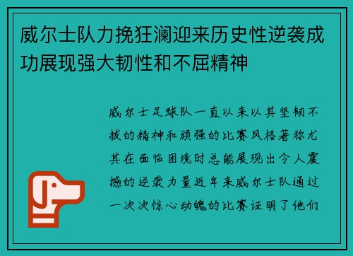 威尔士队力挽狂澜迎来历史性逆袭成功展现强大韧性和不屈精神