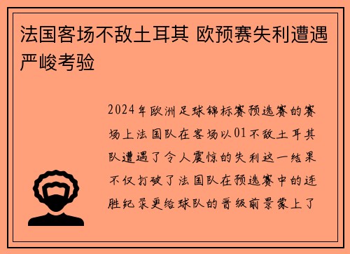 法国客场不敌土耳其 欧预赛失利遭遇严峻考验