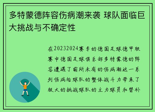 多特蒙德阵容伤病潮来袭 球队面临巨大挑战与不确定性
