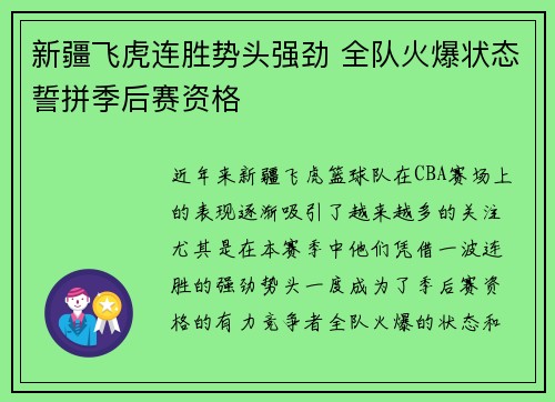 新疆飞虎连胜势头强劲 全队火爆状态誓拼季后赛资格