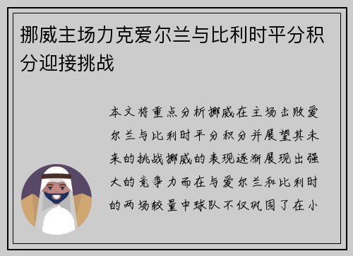 挪威主场力克爱尔兰与比利时平分积分迎接挑战